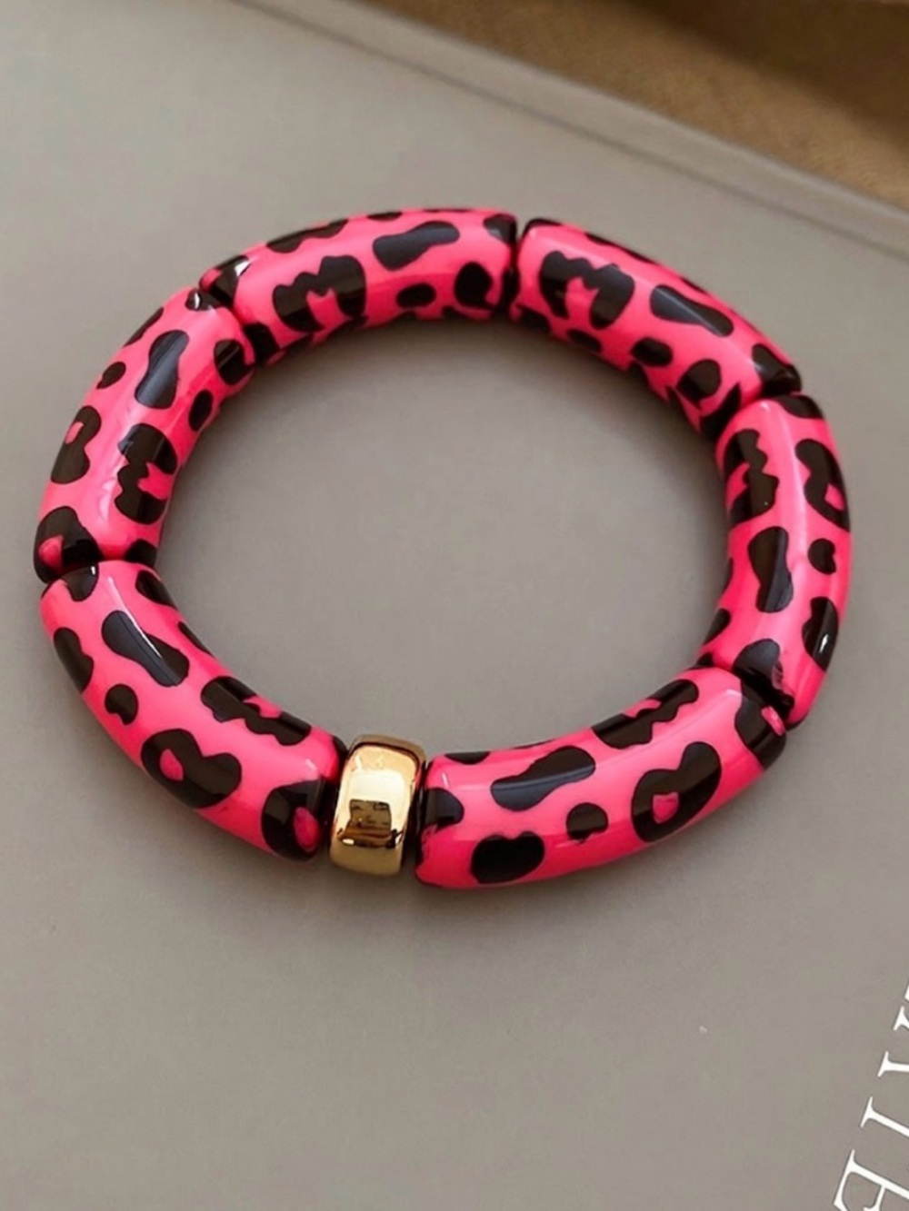 Pink Leopard Print Stretch Bracelet with Gold Accent